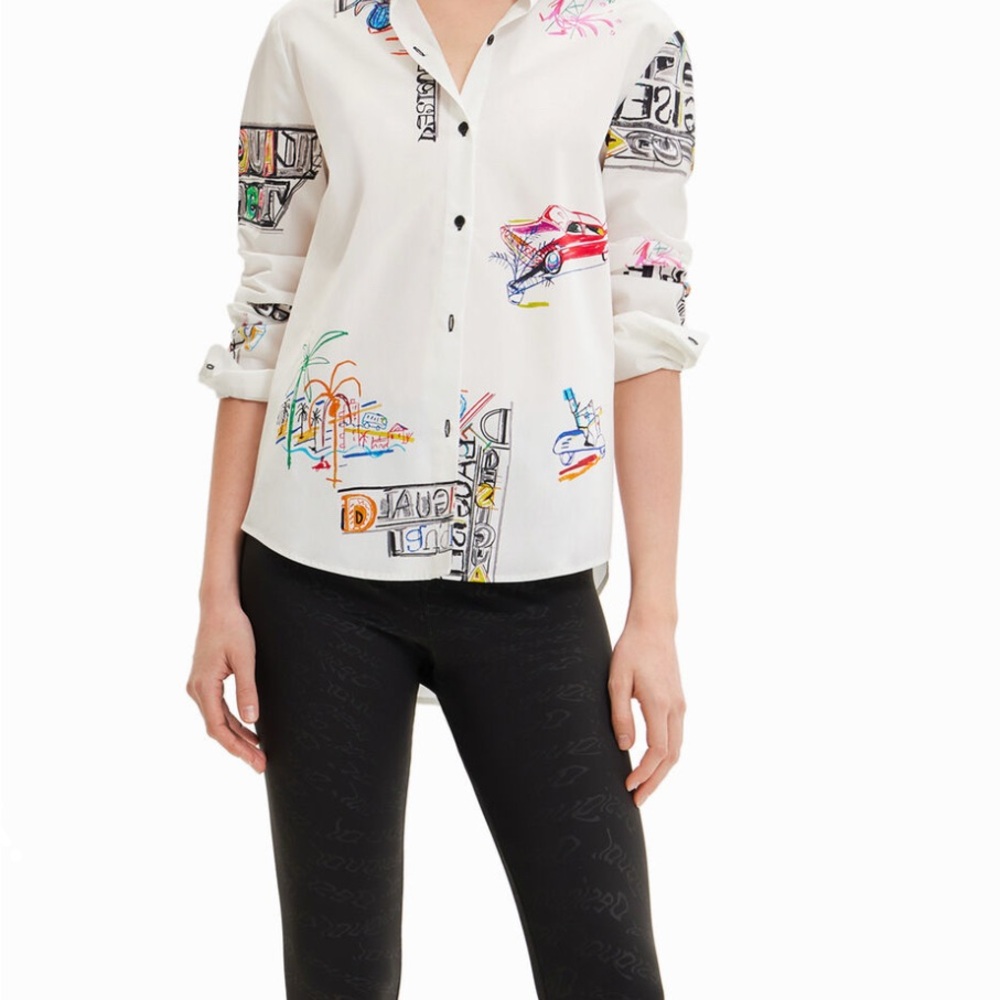 Desigual Women's White Graphic Button-Up Shirt LONG-SLEEVE ILLUSTRATED SHIRT